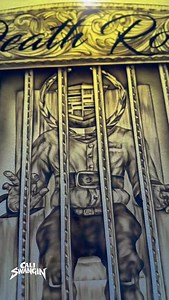 Stranded on Death Row!!! 👀 Just a quick preview I got to see of the new mural going on @vahan_ruthless bad ass Cadi.. 🥶🔥 The way the bars of the cell are a Cadi grill is one of my favorite parts of this work of art. 🔥 #Deathrow #deathrowrecords | Cali Swangin Lowriders