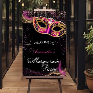 Masquerade Party Welcome Sign: Black Pink and Gold Mask (canva Template - Digital Download) - Etsy