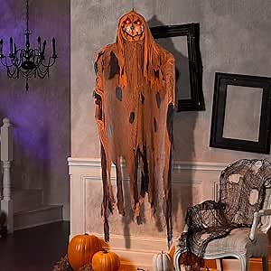 Halloween Talking Hanging Ghost Front Door Greeter Outdoor Decoration, 5.6Ft. Halloween Skeleton Grim Reaper with Lights and Sound Halloween-Decorations-Outdoor-Animatronic-Decoration