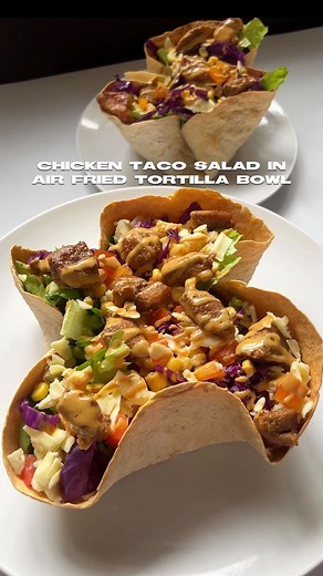 Chelsea Quiambao on Instagram: "Chicken Taco Salad in air-fried tortilla bowl 🤍 150g Chicken Breast Fillet (cubed) 1/2 tbsp olive oil 1 1/2 tbsp Taco Seasoning Romaine Lettuce Red/purple cabbage Corn Tomato Cheese 1 large tortilla wrap 1 tsp olive oil Sauce: 1/4 cup Mayonnaise 1/2 tsp hot sauce 1/2 tbsp Vinegar 1/2 tbsp Mustard 1 tsp Paprika 1 tsp Garlic Powder 1 tsp Onion Powder 1/2 tsp Sugar Salt and Pepper to taste #salad #tacosalad #saladbowl #tortillabowl #easyrecipe #foodieph #food #foodv