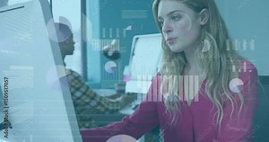 Female analyst typing driving animated data charts syncing with keystrokes and nodding completion