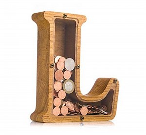 Personalized Wooden Piggy Bank LETTER for Boys Girls Adults - Durable Oak Wood Coin Banks 3 SIZES to Choose From - Kids Nursery Decor Engraved Money Box - Christmas Baby Shower Gift (Letter L)