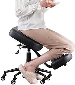 Kneeling Chair,Ergonomic for Office with Wheels,Height and Angle Adjustable to Reduce Back Pain,Upright Sitting Posture, Thick Comfortable Cushions, Black