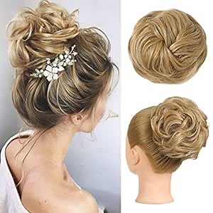 HOOJIH Messy Bun Hair Piece, 100% Real Human Hair Tousled Updo Extension Natural Curly Messy Bun with Elastic Band Hair Bun Hair Piece for Women Ponytail Extensions - Medium Golden Blonde