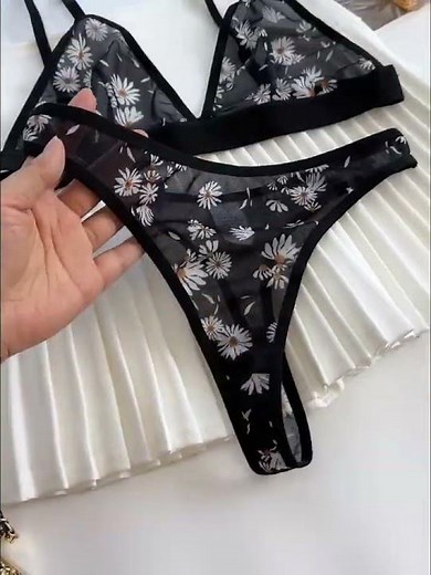 Sexy Floral Print Semi Sheer Mesh Bra & Panty, Plunge Cami Bra & Thong Lingerie Set, Women's Linger