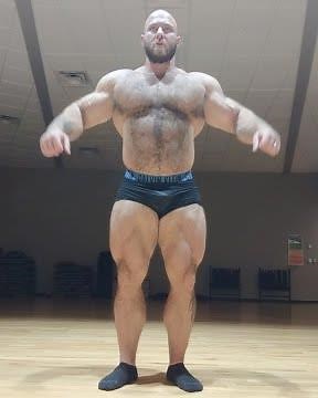 Hairy bulging muscle god Caleb Blanchard (United States) flexing his off-season buff body!