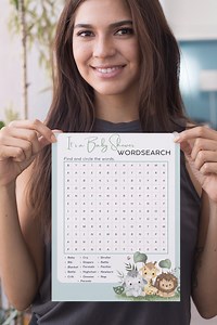 Baby Shower Word Search Printable| Pale Blue Background| Cute Giraffe, Elephant & Lion| Green and Black Text - Etsy