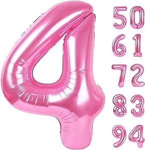 Pink 4 Balloon, Number Balloons 40 Inch, 4th Birthday Decorations for Girls Four Large Numbers for Party Decor, Number 4 Balloon