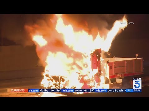 Caltrans truck explodes, shuts down 110 Fwy overnight