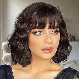 ENTRANCED STYLES Short Wavy Bob Wigs for Women Chocolate Brown Curly Wigs with Bangs Synthetic Heat Resistant Fiber Wig