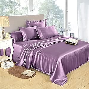 LILYSILK 4Pcs Silk Bedding Sheets Flat Sheet Fitted Sheet Oxford Pillowcases Set 19 Momme Pure Silk (Lavender, Twin)