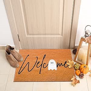 Tinideya Halloween Ghost Welcome Doormat Indoor Outdoor 30 x 18'' Front Door Welcome Mat Non Slip Backing Washable Soft Kitchen Spooky Rugs for Seasonal Halloween Party Home Entrance Decoration