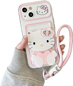 Kawaii Phone Case for iPhone 12 Cute Cartoons Protective Case Cover with Makeup Mirror and Wrist Strap for Women & Kids Girls White