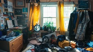A messy room with a bed, dresser, and clothes hanging on the wall | Premium Stock Video Footage