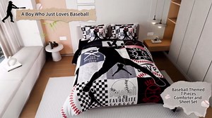 Erosebridal Boys Baseball Bed in a Bag King Size Comforter Set 7 Pieces, Ball Sports Bedding Sets Baseball Bat Games Comforter and Sheet Set, Teen European Softball Player Fan Room Decor,Black Red