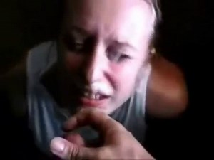 Well trained blonde whore swallows cum in this homemade cumshot compilation scene