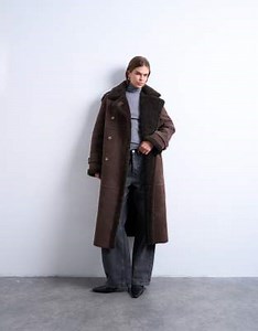 Topshop longline aviator jacket with faux shearling in chocolate | ASOS