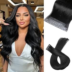 Human Hair Extension Micro Ring PU Hair Extensions Glueless Remy Human Hair Extensions with Holes Natural Black Invisible Skin Weft Tape in Hair Extension for Women (35g 4Pcs,16 Inch)