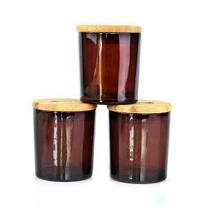 [Hot Item] Empty Round 7oz 200ml Amber Glass Candle Jar Container with Bamboo Wooden Lid for Candle Making