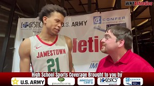 Bishop Butts of Jamestown Boys Basketball after beating Health Sciences 59-57 in OT to win the Section VI Class AA Overall Championship | WNY Athletics