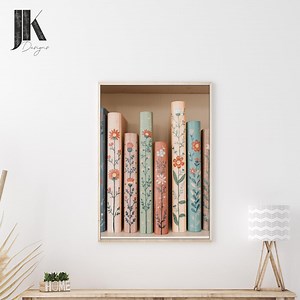 Floral Book Stack Print | Pastel Botanical Bookshelf Wall Art (Digital Download)