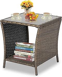 kinbor Outdoor Patio Side Table - Wicker PE Rattan Patio Table, Square Coffee Table with Glass Top and Storage, Outdoor Side/End Table for Deck Pool Garden Lawn Porch (Dark Blonde)