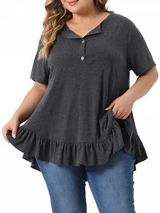 Agnes Orinda Plus Size t Shirts for Women Henley V Neck Button Up Short Sleeve Ruffled Hem Blouses Tops 1X Dark Gray