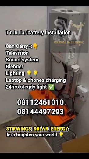 Tubular Battery Installation With Free Solar Fan 1unit tubular batteries 240ah 3000w inverter MPPT charge controller 30A 6pcs panel 300w 20yrds DC cable 6mm DC, AC breaker, box Panel rack, bolts, nuts Battery rake, connection cable Change over, connection pipe CAN CARRY THE ITEMS BELOW: -Television -Fans -Blender -Sound system -Charging of Laptops -Charging of phones -Chandeliers -Steady light supply 24hrs With installation fee Total cost N750,000 👈 Can be used for home, business places and off