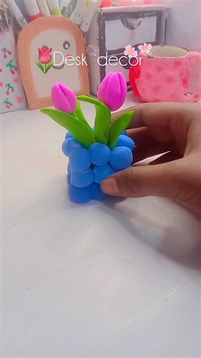 😱Diy desk decor 🌷# clay flower🪻 and vase # clay craft 💫# air dry clay craft #