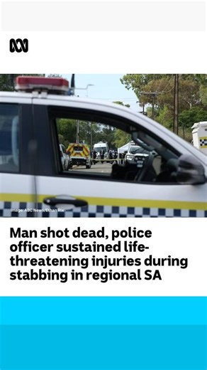 A man has been shot dead during a “high-risk incident” in regional South Australia, where two police officers were stabbed. Read more: ab.co/3VsDIrV SA Police said officers were called to an address at Symons Street at Crystal Brook, a town 200 kilometres north of Adelaide, at 10:15am to conduct enquiries in relation to another matter when they were stabbed by the occupant. Police then shot the man and he died at the scene. 🎙️: Ethan Rix, ABC News | ABC Adelaide