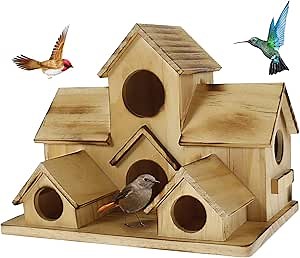Bird Houses for Outside, Wooden Bird House, Outdoor 6 Hole Bird House Room for 6 Bird Families Bluebird Finch Cardinals Hummingbird Hanging Birdhouse for Garden