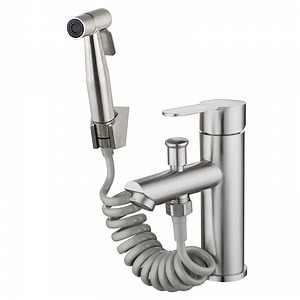 [Hot Item] Elegant Deck Mounted Dual Handle Bathroom Sink Faucet with Pull-out Shower
