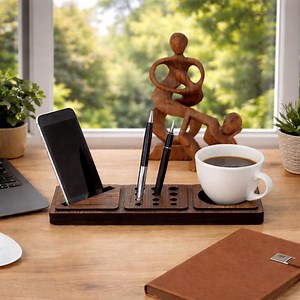 Wooden Desk Organizer With Phone Holder - Minimal Office Desk Organizer, Pen Holder & Coffee Cup Stand, Home Office Accessories - Etsy Canada