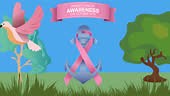Animation of pink ribbon anchor logo and breast cancer text over...