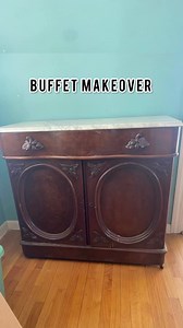 2K views · 11 reactions | Just listed! This gorgeous antique buffet is painted with Shackteau Interiors Milk Paint in Coastal Fog and Shell White. It has a distressed old world finish and a white marble top. The inside features shelving and doors with new push to open latches. The top drawers opens for added storage. It measures 43.25”w x 18.25”d x 39”h. | Shackteau Interiors | Facebook