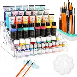 6 Layers Acrylic Paint Organizer Paint Rack with Paint Brush Holder, Paint Holder for Craft Paint Storage Organizer, Paint Bottle Organizer for 2 oz acrylic paint storage, Ocean Green