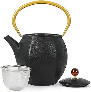 Cast Iron Tea Pots for Loose Tea, Japanese Style Tea Kettle Stovetop,Black Teapot with Infuser Stainless Steel,Tea Pot for Tea Party,Women,Adults with Modern Golden Handle (1000ml,Hexagon)