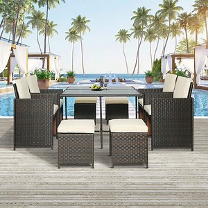 [Hot Item] 9PCS Outdoor Patio Furniture Sets Rattan Wicker Patio Dining Table Set Garden Conversation Sofa Set