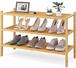 decorUhome 3 Tier Bamboo Shoe Rack , Shoe Shelf for Closet, Shoe Storage Organizer for Entryway, Natural, 26.7" x 11" x 18.3"