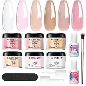 Modelones 6 Colors Translucent Sheer Dip Powder Nail Kit Starter, 12 Pcs Swan Lake Series Pink Nude Brown Skin Tone Acrylic Dipping Powder System Liquid Set with Base & Top Coat Activator Dip Nail Kit French Nail Art Beginner Manicure Tools DIY Salon