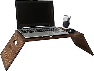 Laptop Stand for Bed with Phone Holder, Lap Desk for Couch Foldable Legs, Wooden Bed Desk for Notebook with Ventilation Air Holes (Walnut)