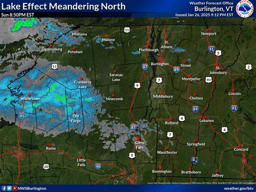 Winds are beginning to shift, and so ongoing lake effect snow showers are starting to meander back into northern New York. Activity is fairly light and will weaken as the night wears on. | US National Weather Service Burlington VT