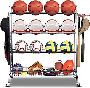 Basketball Rack, Basketball Racks for Balls, Metal Ball Racks for Basketballs Soccer Volleyball Organizers Storage Rack (Black)