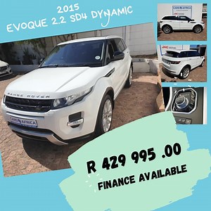 2015 LAND ROVER EVOQUE 2.2 SD4 DYNAMIC Mileage: 74,500Km Colour: White Body type: SUV Region: Western Cape Fuel Type: Diesel Selling Price: R 429,995.00 *FINANCE AVAILABLE* Trade-Ins Welcome! | Cars4Africa
