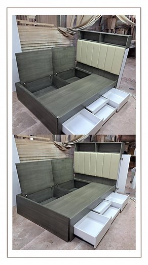 4.2K views · 18 reactions | Customizd bed frame with drawers, hidden storage, headboard with padded upholstery and storage. Elevate your bedroom with our bed frame's dual functionality. Boasting drawers and an upholstered headboard, it's perfect for stylish storage solutions. The two-tone duco paint finish adds elegance and versatility to your bedroom decor while optimizing space. | Persquare | Facebook