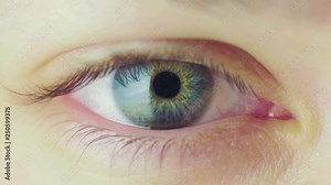 Beautiful Blue Eye of Young Woman Opening Up And Closing. Pupil Constriction Process. Slow Motion Blinking Human Eye.