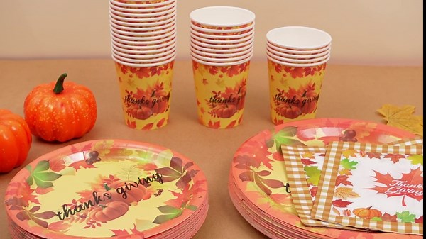 Bokon 240 Pcs Thanksgiving Paper Plates and Napkins Maple Leaf Pumpkin Party Decorations Fall Disposable Dinnerwar Includes Plates Napkins Cups Plastic Forks Knives Spoon for Harvest Celebrations