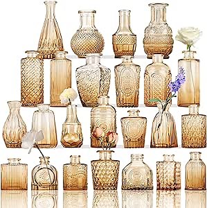 CUCUMI 24pcs Glass Bud Vase Set in Bulk, Amber Relief Vase for Centerpieces, Mini Vintage Glass Flower Vases for Wedding Home Table Party Decor