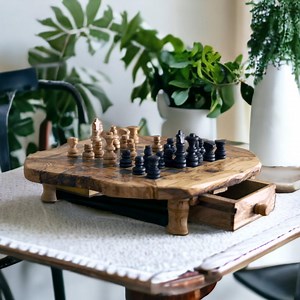 Chess Board With Storage Drawers - Handmade Olive Wood, Rustic Housewarming Gift - Etsy