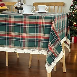 Christmas Checkered Rectangle Tablecloth, Linen Cotton Table Cloth, Washable Wrinkle Free Buffalo Plaid Table Cover, Easy to Clean for for Christmas Decorations, Dining,Party, Green, 71"×55"